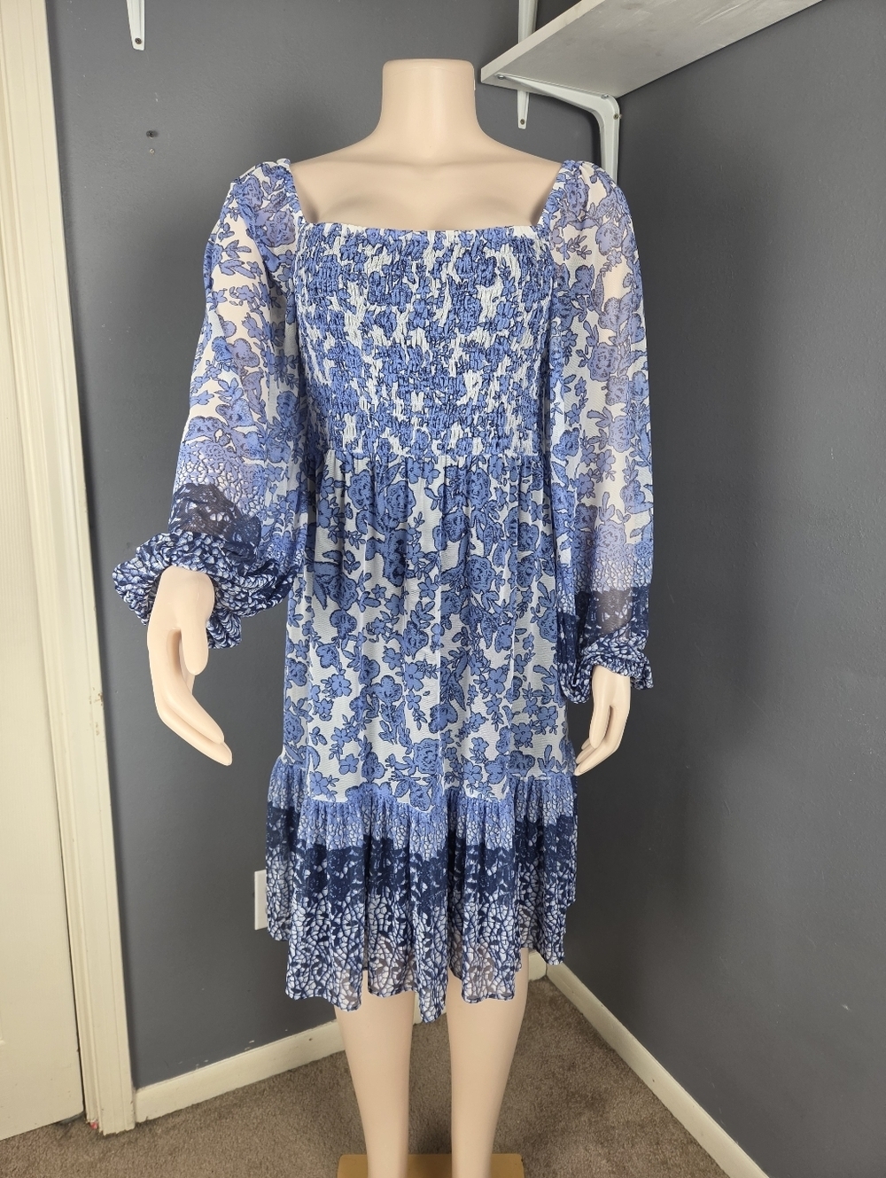 Maison Tara Blue and White Long Sleeve Sundress